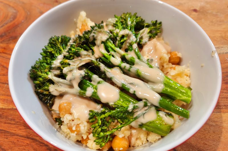 Roasted Broccolini with Chickpeas, Cous Cous & Tahini