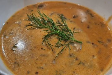 authentic hungarian soup in a bowl garnished with fresh dill
