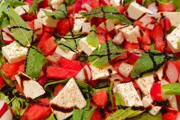 watermelon, radish & feta salad in a bowl